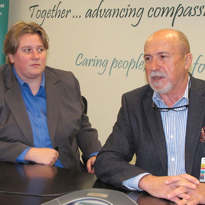 Colin Patey, president and CEO of the Chatham-Kent Health Alliance, briefs the media on the 2013-14 operating plan. He was joined by Sarah Padfield (left), vice president and CFO.