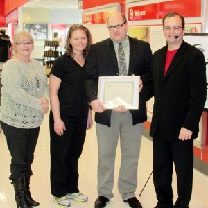 From left, Chatham Coun. Marjorie Crew, Heritage Dental representatives Amanda Brooksbank and Dr. Oriano Bernardi, and Chatham-Kent Accessibility Advisory Committee chairman Ralph Roels.