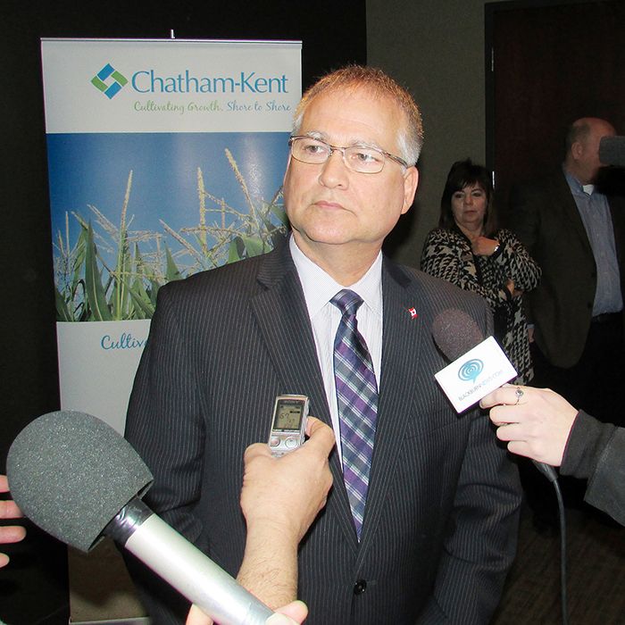 Gary Goodyear, FedDev Ontario minister of state, fields questions from the media Thursday.