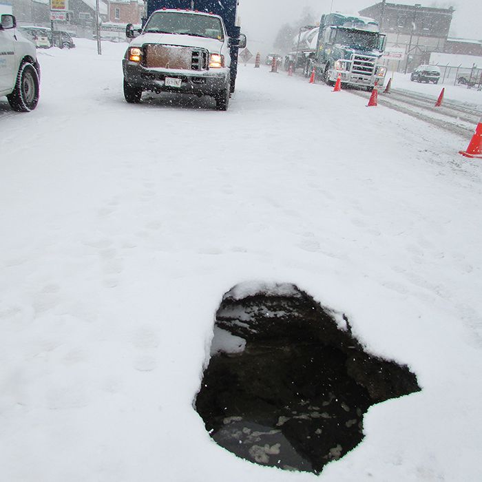 A sinkhole opened up on Grand Avenue just east of St. Clair Street on March 12, right in the middle of a blizzard.