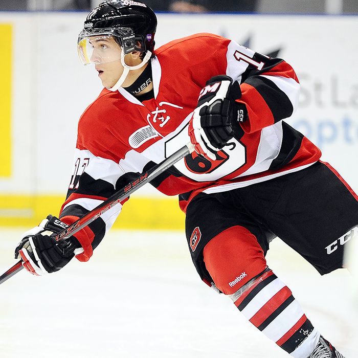 Travis Konecny looks up ice as a member of the Ottawa 67s last season. (Aaron Bell/OHL Images photo)