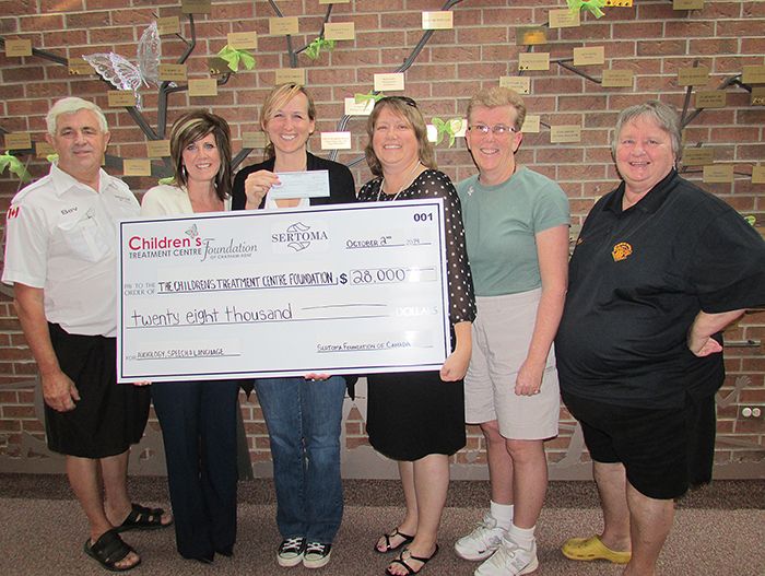 Before a tour of the facility, Sertoma Foundation of Canada members presented a cheque for $28,000 to the Children’s Treatment Centre Foundation of Chatham-Kent. From left is Bev Rilett, Sertoma Foundation director; Carrie Myers, early literacy specialist; Tina Jamieson, speech pathologist; Tammy Craeymeersch, Sertoma Foundation president; Cathy Smith, Sertoma treasurer; and Barb Rilett, Sertoma director.