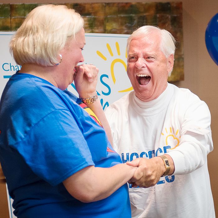 John Case, right, chair of fundraising for the Chatham-Kent Hospice celebrates with Jennifer Wilson, chair of the hospice, at Wednesday's fundraising announcement.
