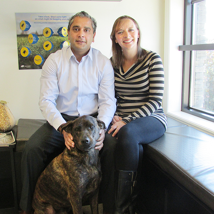 Dr. Kerry Mall, Krista Mall and their pet Brook, are all part of D.M.S. Veterinary Centre.