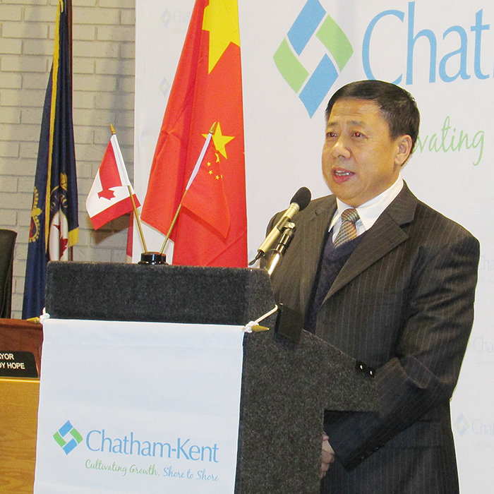 Zhang Xiaohua, vice-chair of the Changchun Municipal Committee, speaks to a gathering at the Chatham-Kent Civic Centre before signing a friendship agreement with Chatham-Kent Mayor Randy Hope.