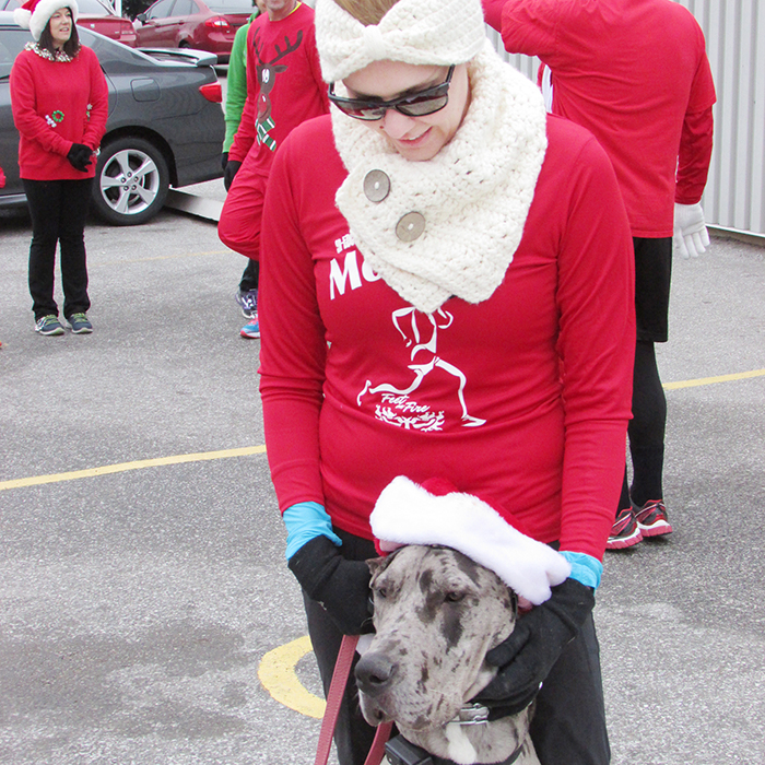 Sommer Phenix and her Great Dane Diem get ready for the the Jingle all the Way run, which took place Saturday in Wallaceburg.
