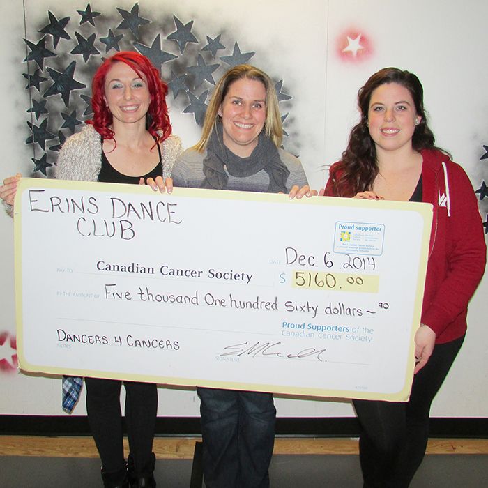 Erin McCord, left, and Cassiah Pegg, right, of Erin’s Dance Studio, hand the Canadian Cancer Society’s Krissy Rioux a cheque for $5,160 raised at a recent all-night dance-a-thon.