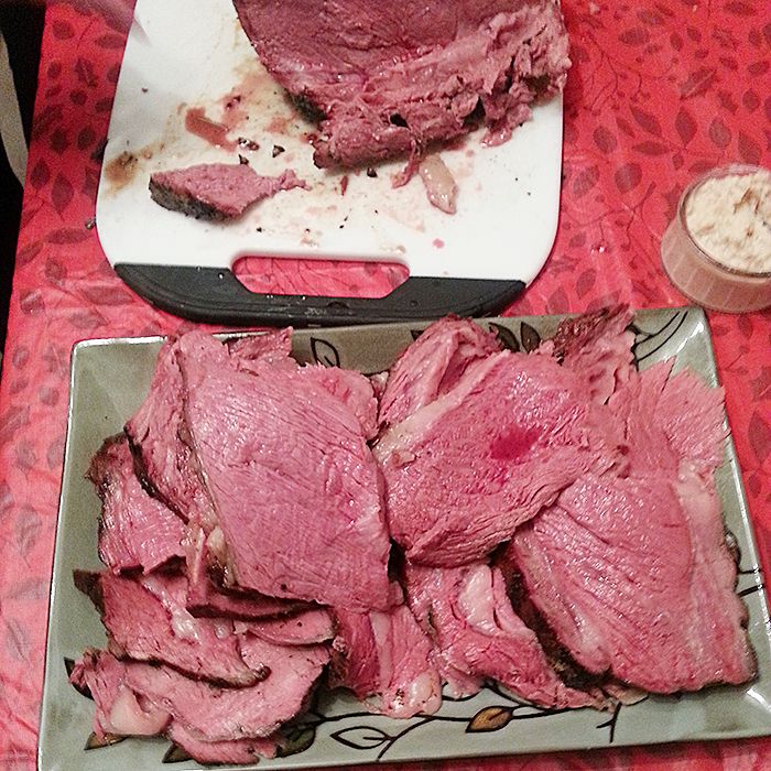 Succulent prime rib cooked to medium-rare perfection on Bruce's Big Green Egg.