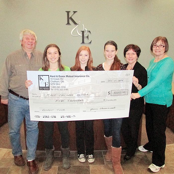 From left, Make Children Better Now’s Mike Neuts, Respect Revolution performers Mackenzie French, Alyssa Doherty and Hannah Teetzel accept a $5,000 cheque from Kent & Essex Mutual Insurance personnel Joanne Vansevenant and Rose Vanthuyne.