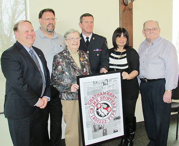 From left, Dave Forster, head of Ontario Crime Stoppers; Dave Bakker, co-ordinator for Chatham-Kent Crime Stoppers; Marg Illman, inaugural chair of the local Crime Stoppers in 1987; Dennis Poole, chief of police and the original co-ordinator of C-K Crime Stoppers; Angie Shreve, chair of C-K Crime Stoppers; Luce Cools, board member.