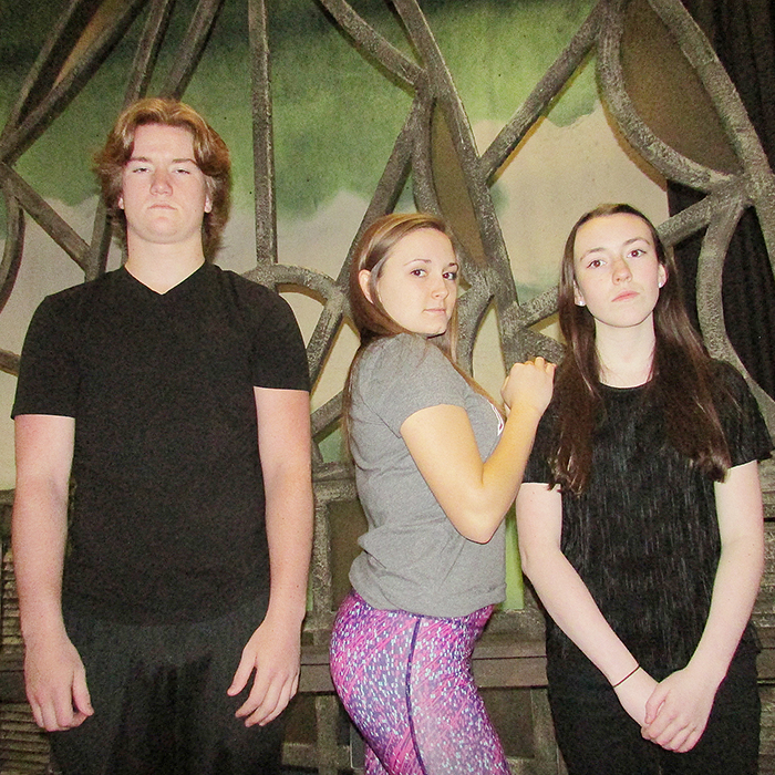 From left, Zach Kaniecki, Kelsey Sinasac, and Maddy Vasey play Lurch, Morticia and Wednesday respectively in the upcoming play “The Addams Family,” staged by Ursuline College Chatham, starting April 15.