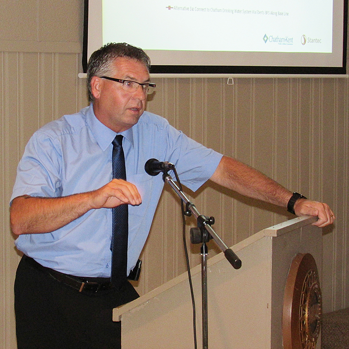 Chatham-Kent Public Utilities Commission General Manager Tom Kissner addresses the crowd at a public input meeting recently to discuss the future of Wallaceburg’s water supply.