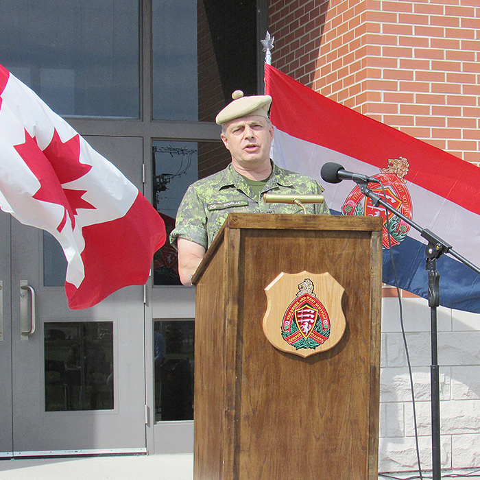Maj. Mark Douglas, commander of the Essex and Kent Scottish, speaks during Monday’s announcement of funding to upgrade training facilities locally. Feds put $540,000 into local military training facilities