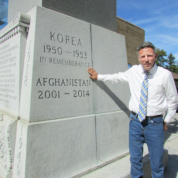 Those attending this year's Remembrance Day services will notice that for the first time the sacrifices of the 158 Canadian soldiers who died while on the Afghanistan mission between 2001 and 2014 are memorialized. Chatham Kent council member Michael Bondy, shown here, made the motion to include that conflict on the monument in 2013.