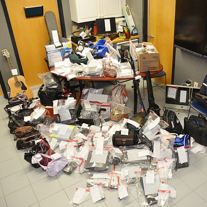 Chatham Kent Police displayed part of the haul of stolen goods relating to 35 break ins in the city dureng the last two years. Two Pearl Crescent residents face nearly 100 charges. 