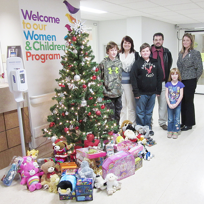 From left, Cameron MacEachern; Suzanne MacEachern, treasurer, Tilbury Area Action Team; Cameron Rudy; Derek Rudy, president, Tilbury Area Action Team; Savannah MacEachern, and Jill Cousins, clinical manager, Women & Children’s Health Department, CKHA, are pictured with toys the action team collected and recently donated to the hospital.