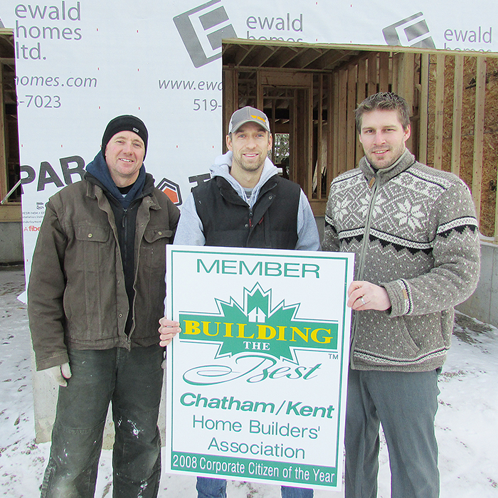 The Chatham-Kent Home Builders Association will be renovating a Chatham home for a nine-year-old girl who suffered a stroke last fall and is recovering from severe mobility issues. Here director Dave Ewald of Ewald Homes, CKHBA president Scott Vandersluis of Bouma Builders and Executive Officer Kevin Owen of Owen Flooring are seen outside a job site.