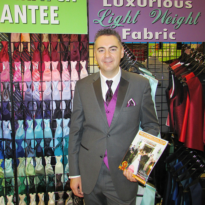 Mark Brunnenmeir of Bud Gowan Formal Wear in Chatham showcases all the different colours available in men’s formal wear accessories to match any bridesmaids gowns at the Wedding Show Saturday in Chatham.