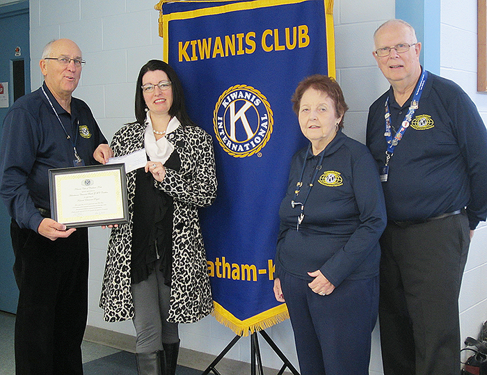 Heuvelmans Chevrolet Buick GMC Cadillac Ltd. donated $25 for each test drive recently to the Kiwanis Club of Chatham. Here making the cheque presentation are (left to right) Dennis Babcock, Test Drive Coordinator; Nancy Labadie, Customer Retention Specialist of Heuvelmans Chevrolet Buick GMC Cadillac Ltd.; Lyn Allison, Eliminate Project Chairperson; and George Service, Club President.