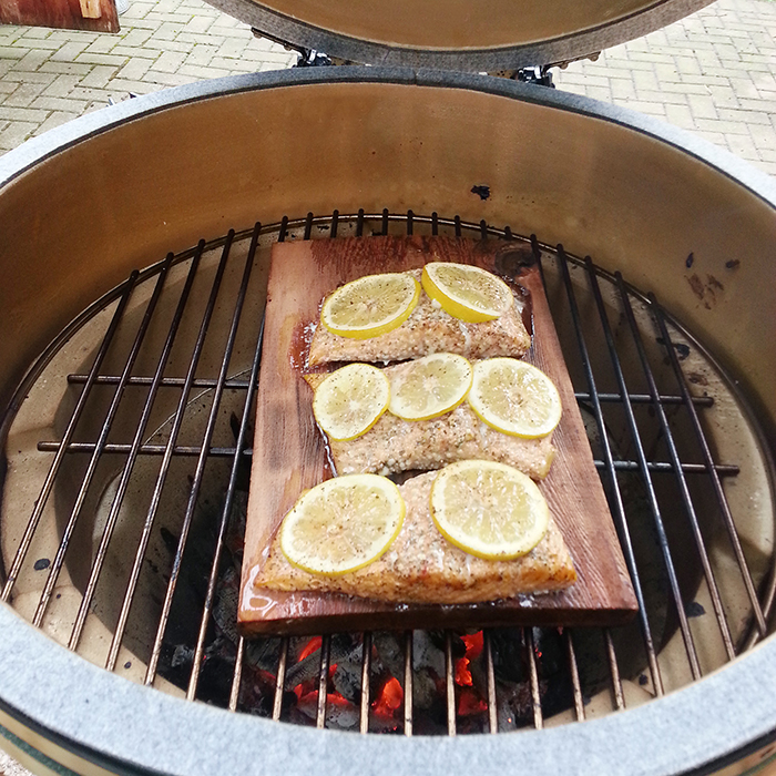 If you don't have a cedar plank handy for salmon, like this, try a cast iron griddle. Both work very well for Bruce.