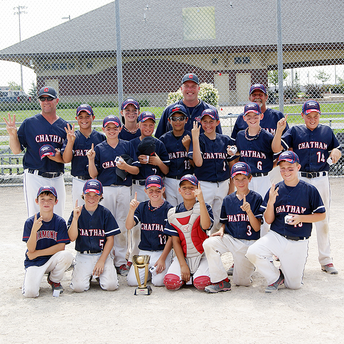 The Chatham Peewee Diamonds are going after their fourth consecutive Ontario Baseball Association title this season. Here is the team photo after they won the AA Championship last year in Brampton.