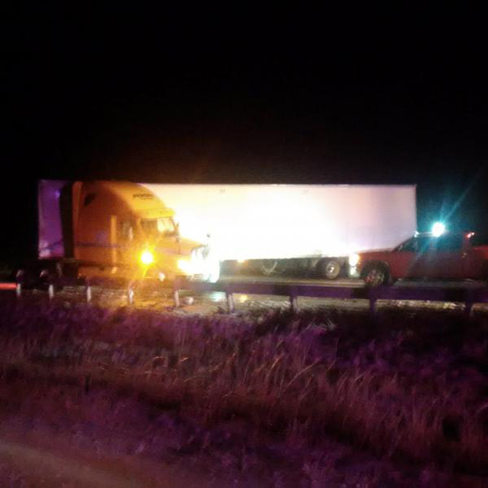 T tractor trailer jackknifed in eastbound lanes of Highway 401 near Drake Road, at just after 9 p.m. last night. 