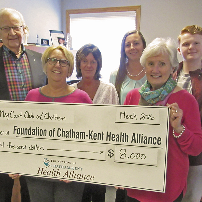 The Chatham May Court Club recently donated $8,000 to the Foundation of the Chatham-Kent Health Alliance to be used in youth mental health programming. 