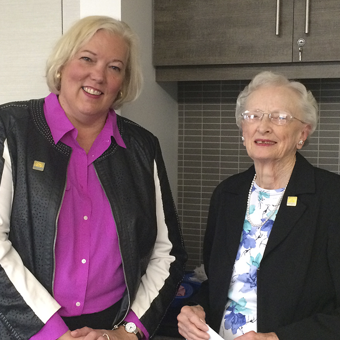 Chatham Kent Hospice chair Jennifer Wilson (left) and June Callwood award recipient Kathleen Moderwell.