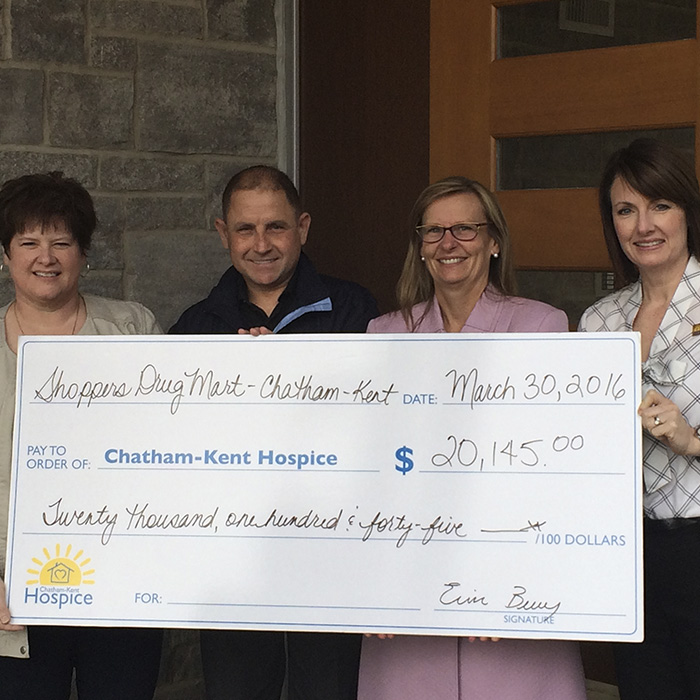 Shopper Drug Mart has donated $20,000 to the Chatham-Kent Hospice. Left to right are Erin Berry, Blenheim Shoppers; Chris Mazaris, Chatham Shoppers; Laurie Leonard, Chatham Shoppers; Jodi Maroney, Director of Development, Chatham-Kent Hospice. 