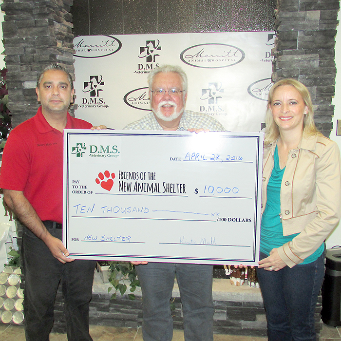 D.M.S. Veterinary Centre has provided a $10,000 donation to the construction of the proposed Chatham-Kent animal shelter. From left to right are Dr. Kerry Mall, shelter committee co-chair Art Stirling and Krista Mall of D.M.S.