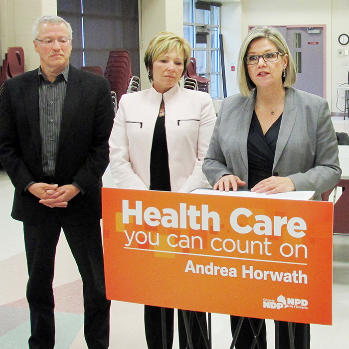 Ontario NDP leader Andrea Horwath met with local residents Sunday to discuss the state of health care in Ontario. Following the meeting, she met with media flanked by Wallaceburg councillors Jeff Wesley and Carmen McGregor as well as Janice McFadden of the Ontario Nurses Association and Essex MPP Taras Natyshak.