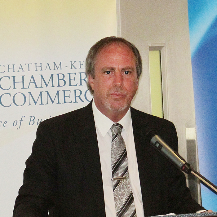 Mayor Randy Hope addresses a gathering of members of the Chatham-Kent Chamber of Commerce Wednesday morning at Retro Suites in Chatham.