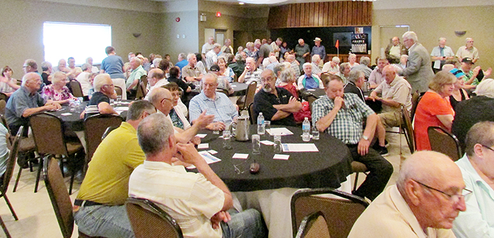 Chatham-Kent-Essex MPP Rick Nicholls speaks to about 150 people at a “town hall” meeting he and his staff organized May 26 to address concerns over the future of natural gas usage in Ontario.