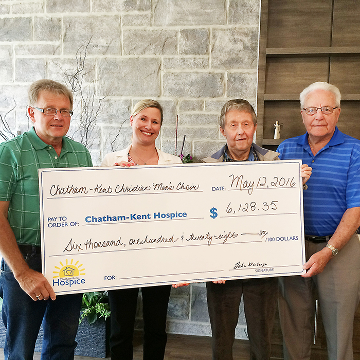 From left, Chatham-Kent Christian Men’s Choir member Dick Griffioen, C-K Hospice Community and Donor Relations Coordinator Rachael Middel, and choir members John Wiebenga, and Dick Kloostra.