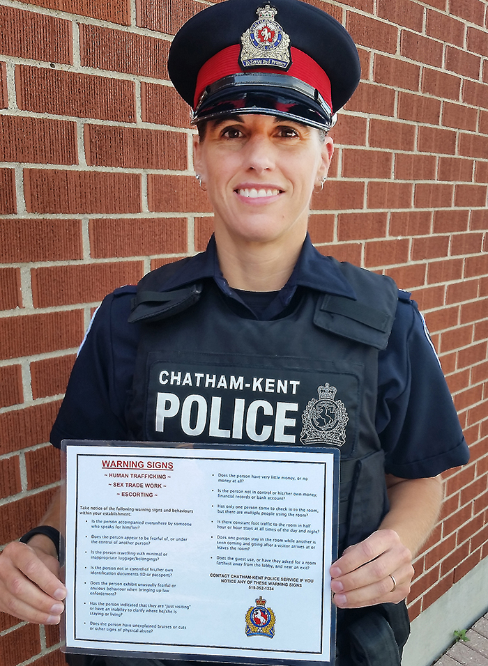 Chatham-Kent police Const. Renee Cowell showcases the checklist being distributed to area hotel/motels to help them identify potential victims of human trafficking.