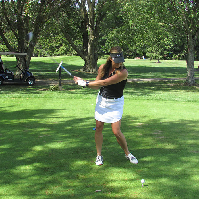 Tina Furlan lets fly with a drive during today’s first annual Festival of Golf, benefitting the Children’s Treatment Centre of Chatham-Kent. The event raised more than $50,000.