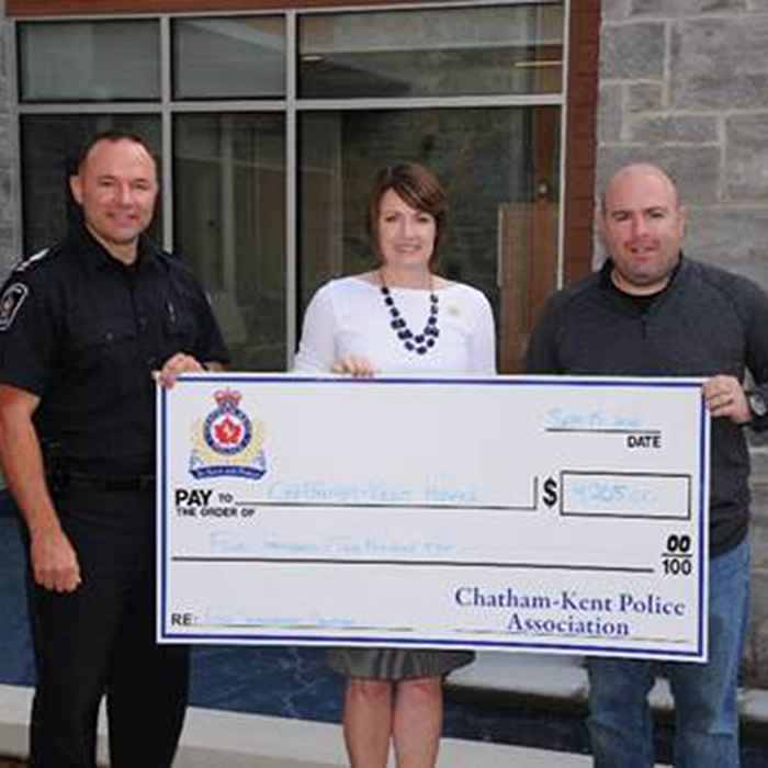 The Chatham Kent Hospice Foundation was the recipient of a $4,205 donation from the Chatham-Kent Police Association golf tournament. Here making the presentation to Jodi Maroney of the foundation are Staff Sgt. Kirk Earley (left) and Const. Joel Rehill 