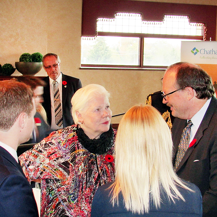 Ontario Lt. Gov. Elizabeth Dowdeswell speaks to several people in the lounge of the Chatham Capitol Theatre Nov. 2. The Queen’s representative to the province toured a local greenhouse earlier in the day as well.