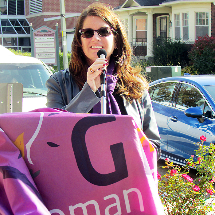 Chatham-Kent Women’s Centre board president Darlene Smith addresses the crowd during a flag-raising ceremony at the Civic Centre for Woman Abuse Prevention Month this November. The assembled crowd then walked to the centre to raise awareness of the issue in the community.
