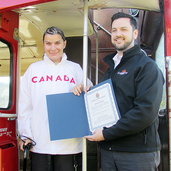 Para-athlete Patricia Wright was welcomed back to Chatham last week with open arms, and a double-decker bus.