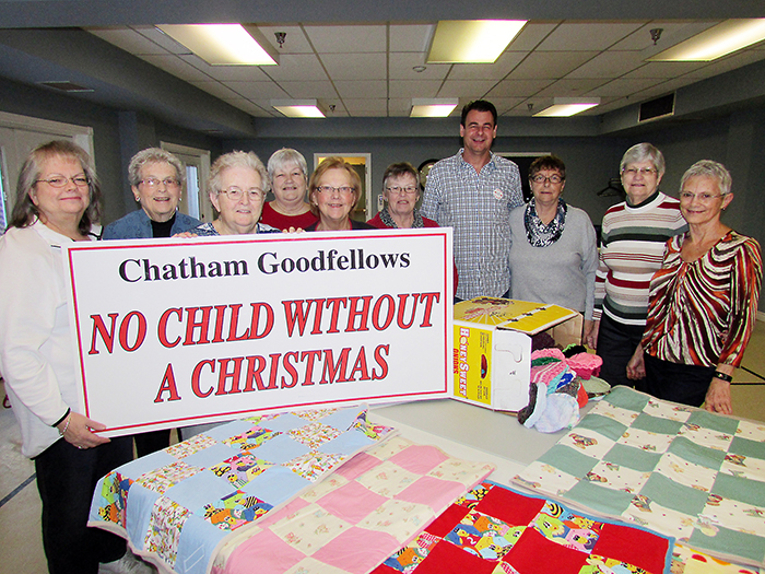 The Stitchin’ Sisters gather to sew quilts in the auditorium at St. Andrew’s Residence and have their yearly donation to the Chatham Goodfellows ready for the Christmas baskets. From left, with Goodfellows Toy Co-chair Tim Haskell are Joanne Smith, Jane Jenner, Marlene Warren, Barb Chandler, Sharon Wilkins, Diane Tatchell, Mary Deturck, Barb Slavik and Marlene Ternoey.