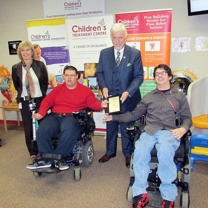 From left, Donna Litwin-Makey, CEO of the Children’s Treatment Centre of Chatham-Kent; Life Links program member Joey Demais; Rick Nicholls, MPP for Chatham-Kent Essex; and Christian Picard, program member. The Ontario Trillium Foundation donated $287,000 towards the Life Links program recently.