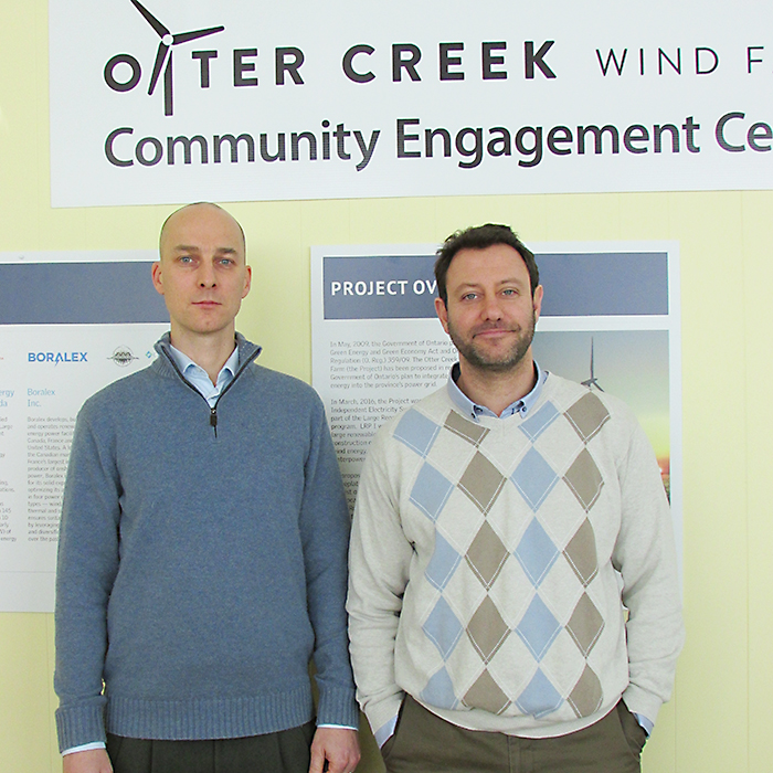 Otter Creek Wind Farm project manager Mark Weatherill, left, and director of development Adam Rosso took the media through technical briefing Monday afternoon before the public meeting scheduled for Monday night in Wallaceburg to update the community on the project.