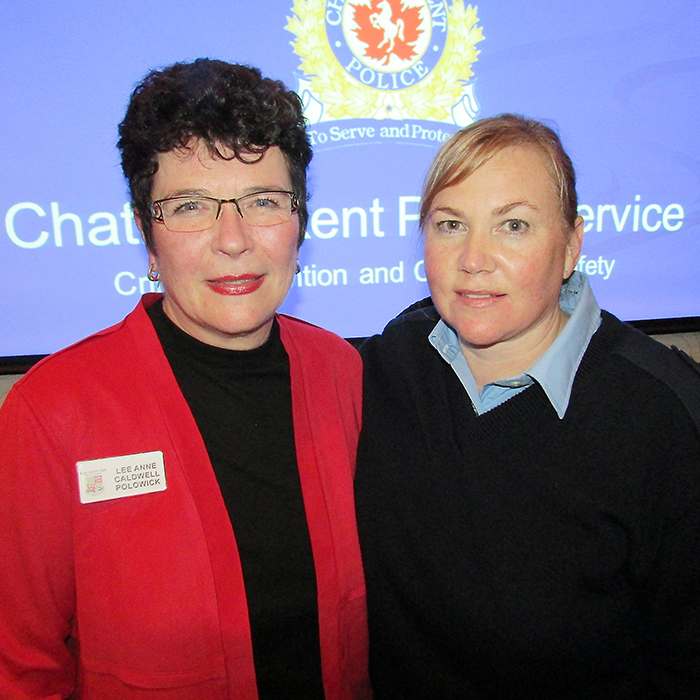 Live Well convenor LeeAnne Caldwell Polowick, left, stands with CKPS Spec. Const. Tamara Dick at the Personal and Internet Safety presentation at the Retro Suites recently. Dick talked to an audience of women about what they can do to be informed and protect themselves from predators.