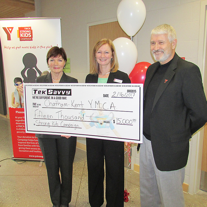 Catherine Playford, left, CFO of Tek Savvy, donates $15,000 to the YMCA of Chatham-Kent’s 2017 Strong Kids program. Receiving the cheque are Jim Loyer, head of the Strong Kids campaign committee, and Liz Fletcher, vice-president of operations for the YMCAs in the region.
