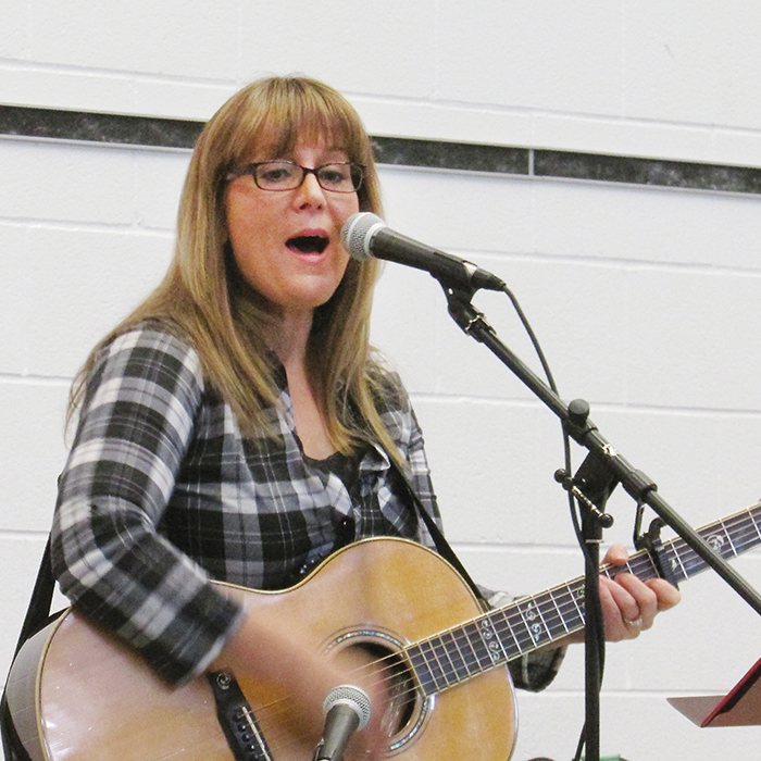 Michelle Wright performs before the students of Merlin Area Public School on March 9.