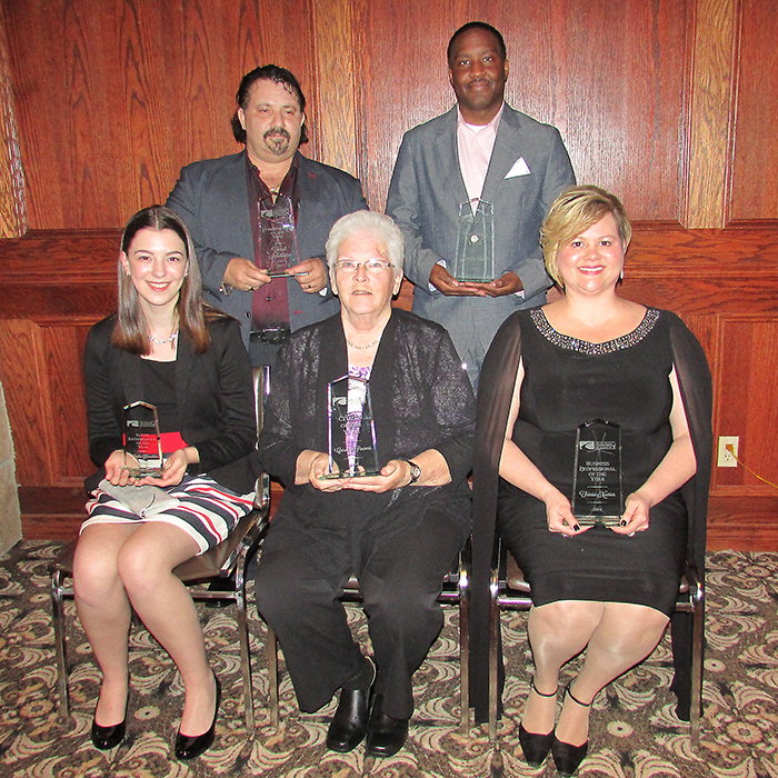 The Chatham-Kent Chamber of Commerce celebrated its Business Excellence Awards March 30. Front row, from left, Natalie Devolder, youth entrepreneur of the year; Carolyn Powers, citizen of the year; and Tricia Xavier, business professional of the year. Back row, Fred Naclerio, entrepreneur of the year; and Michael Lee of Enviroshake, industry of the year.