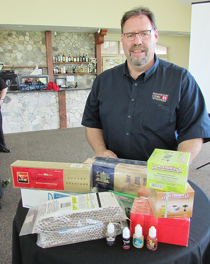 Chatham-Kent Crime Stoppers police co-ordinator Dave Bakker shows the different kinds of contraband tobacco products showing up and being seized by Ministry of Finance investigators.