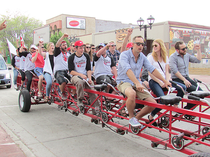 Members and friends of the Chatham-Kent Home Builders’ Association, led by Kevin Owen of Owen Flooring, were going Fred Flintstone-style for the Heart and Stroke Big Bike ride to raise money for research into the leading cause of death in Canada. The team peddled two kilometres throughout the downtown area.