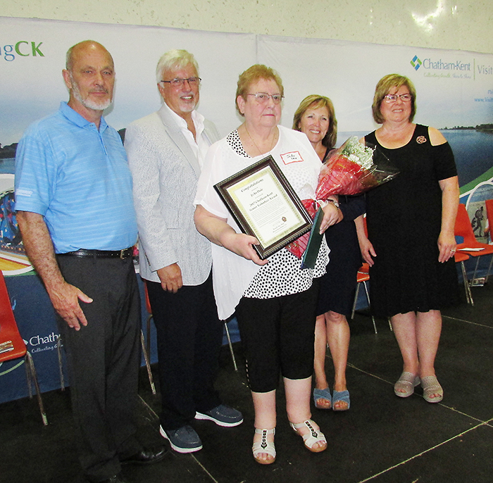 Chatham-Kent Leamington MP Dave Van Kesteren, left, and MPP Rick Nicholls, along with Chatham-Kent councillors Karen Herman, right, and Carmen McGregor, second from right, present JoAn Dale with her 2017 Seniors’ Achievement Award Friday in Blenheim. Dale beat out 35 other nominees to earn the award.